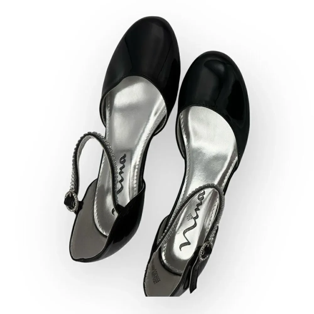 Nina Girls Cera Patent Leather Rhinestone Strap D'Orsay Heels Shoes Black Sz 3M